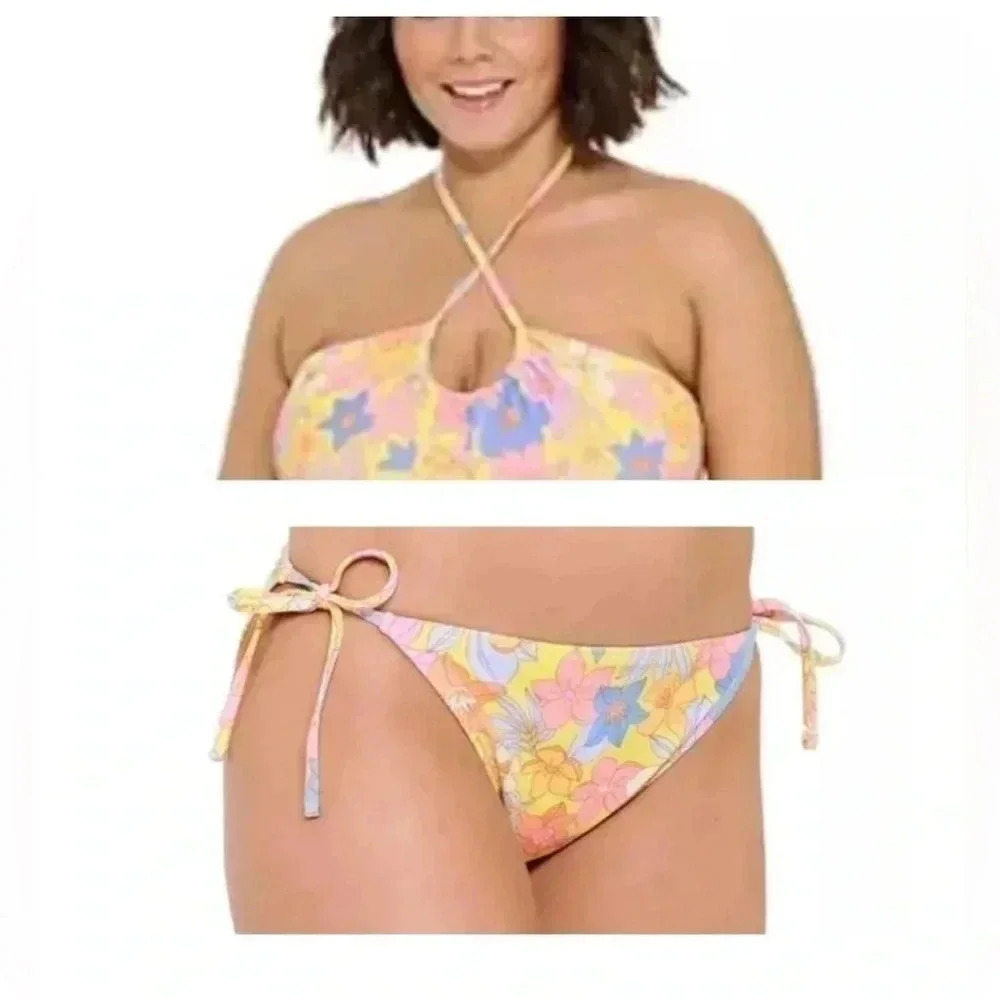 Ninety-Nine Bandeau Yellow Retro Halter Tankini/Swim Full Coverage Bikini, XXL